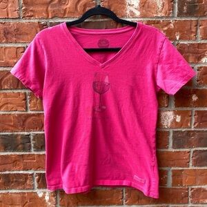Life Is Good Womens Small Crusher Tee Pink Glass of Wine Vneck Tshirt